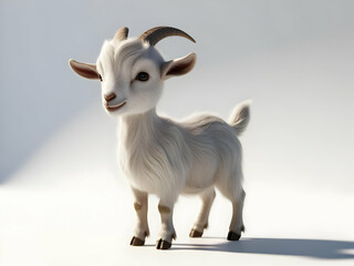 Cartoonish White Goat Kid, Small Horns, Innocent Eyes, Isolated on White.