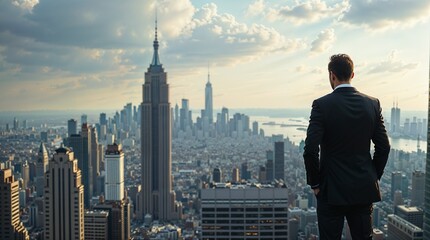 Naklejka premium Manager Gazing at Majestic Cityscape – Reflection on Success and Vision
