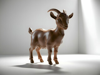 Earthen Goat Figurine: Simple Studio Shot, Ceramic Texture, Horned Animal Portrait, Neutral Tones, Soft Lighting.