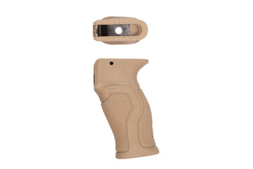A textured tan firearm grip, designed for comfort and stability, displayed against a clean white...