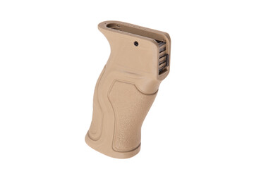 A durable tan pistol handle with a textured finish for improved control, set on a neutral white...