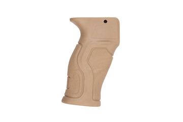 An ergonomic tan grip for pistols, featuring a non-slip texture, isolated on a simple white surface.