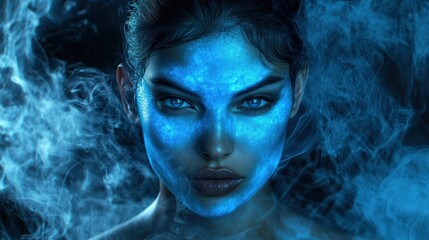 Enigmatic Portrait with Blue Face and Ethereal Smoke Effects