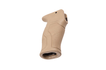 A lightweight tan ergonomic firearm grip with a textured surface for enhanced usability, presented...