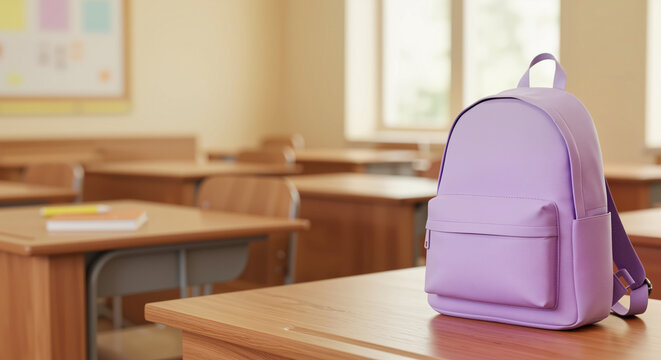 Stylish lavender backpack on a polished wooden desk in a soft-focus classroom setting with warm golden tones, representing preparation for college and an inviting atmosphere