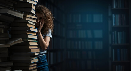Young woman with wild curly hair visibly overwhelmed by piles of books and scattered papers in a dark blue blurred library background, conveying a chaotic mood of stress and preparation for college