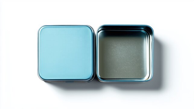 A polished square tin case with a lid, presented in its open and closed forms on a neutral white background.