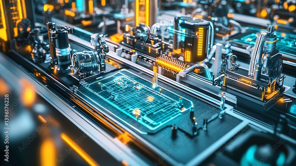 Poster futuristic circuit board with glowing electronic components showcasing vibrant blue and orange light