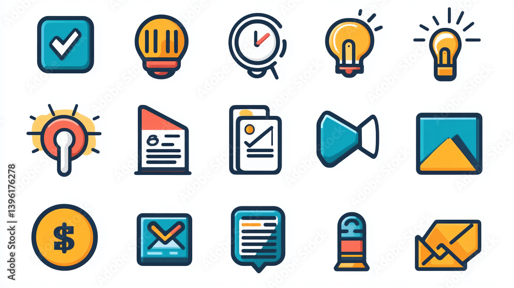 Poster vector icon set business concept idea lightbulb checkmark clock document mail coin play image messag