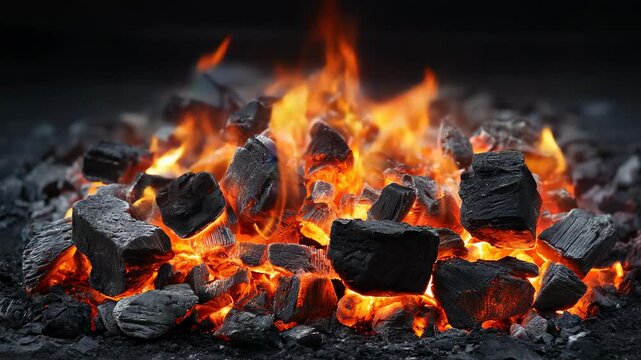 Burning charcoal with bright orange flames and glowing embers creating intense heat in dark background
