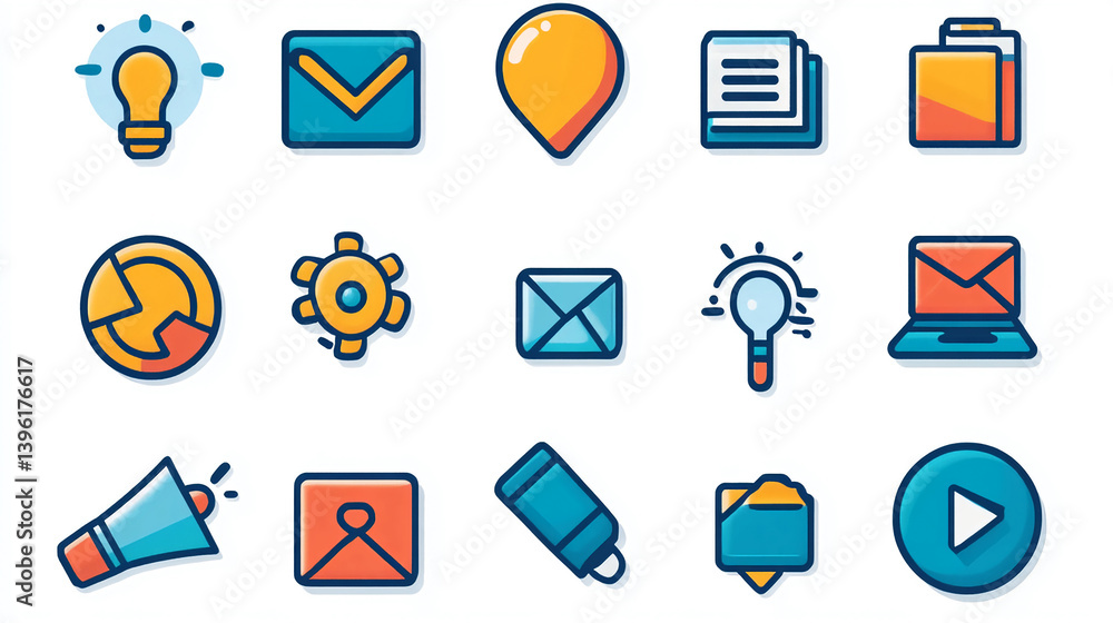 Poster vector icons set for business marketing and social media ui design lightbulb email document folder p