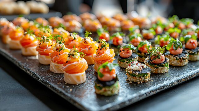 A delectable array of gourmet salmon canap?s and sushi appetizers artfully arranged on a dark slate platter for a sophisticated event or party.