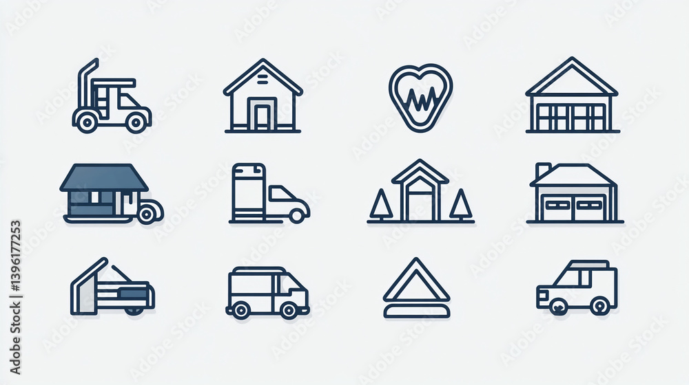Poster vector icons set of real estate and transport for web design and mobile apps interface illustration 