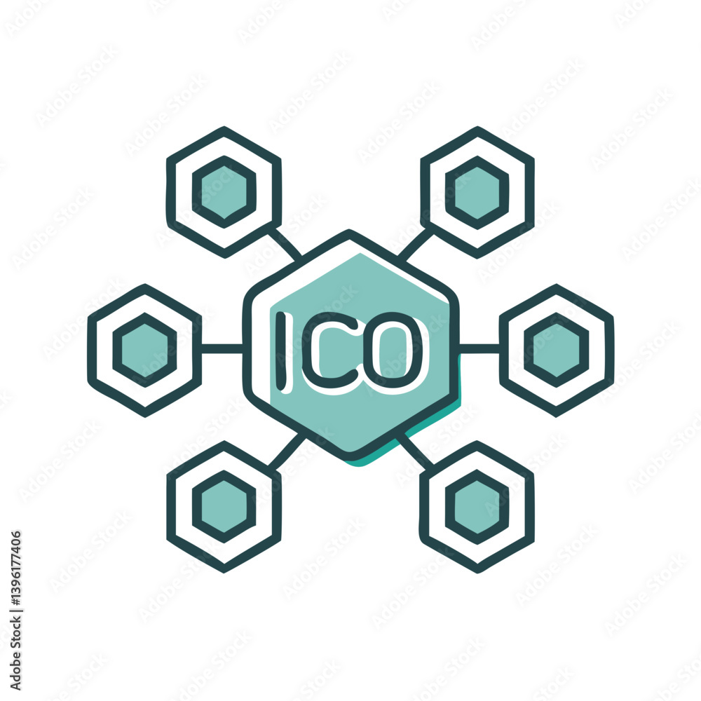 Poster ico icon representing blockchain connectivity in teal colors