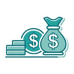 Icon representing revenue with money bag and coins  