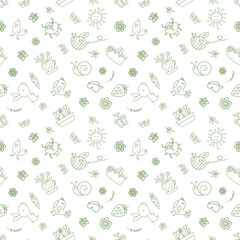 Vector hand-drawn seamless pattern with cute spring and summer elements of nature. Green line elements isolated on white background.