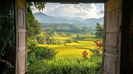 Fototapeta premium View of rice terraces through an open wooden door with plants and distant mountains in the background