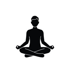 Black Silhouette Of Person Meditating In Lotus Position On White Background