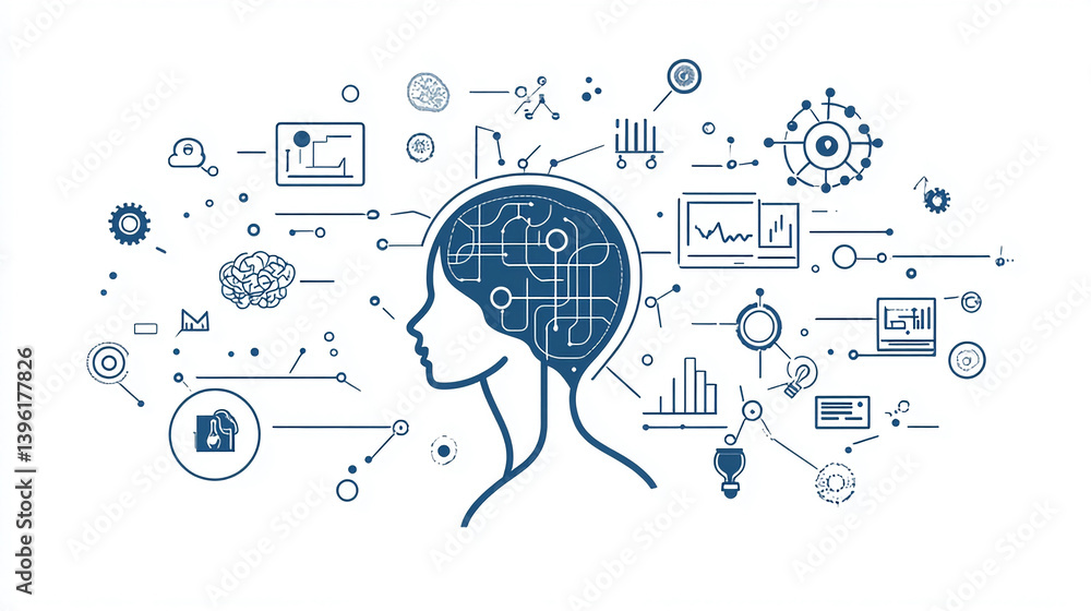 Poster artificial intelligence concept illustration with brain and data analytics representation design