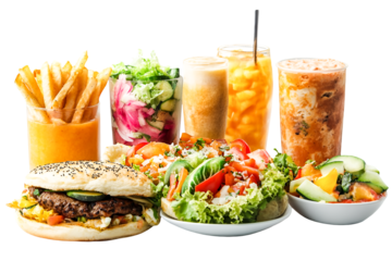 Delicious burger fries and fresh salads with refreshing fruit drinks a vibrant meal