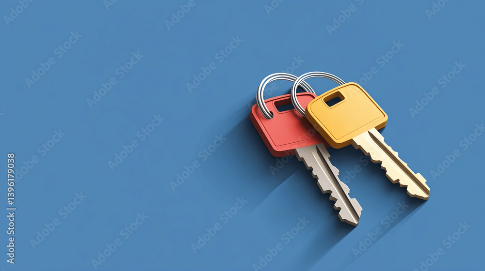Poster keys concept for security access control and property with red and yellow key on blue background