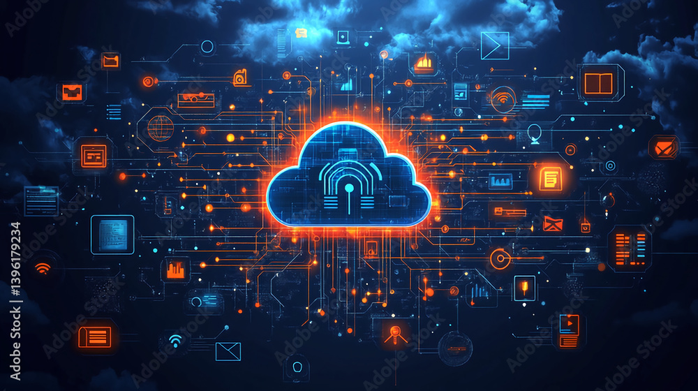 Poster cloud computing network technology service digital transformation data storage and security concept 