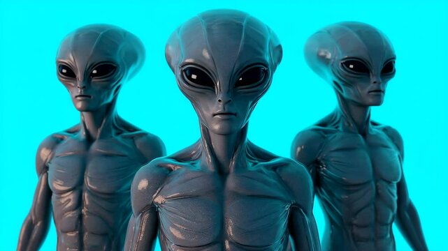 Three Grey Humanoid Alien Figures with Large Black Eyes on Turquoise Backdrop