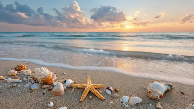 Golden starfish and seashells on soft sandy beach with gentle ocean waves and warm light of peaceful sunrise
