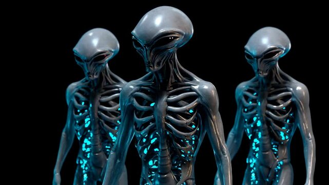 Three Skeletal Grey Aliens with Glowing Blue Interiors on Black