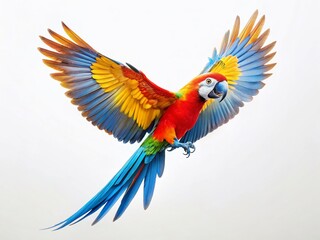 Fototapeta premium Minimalist Parrot in Flight: Aerial View of a Bird in Motion, Isolated on White