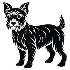 Black silhouette vector illustration of a black and white dog, a domestic animal pet