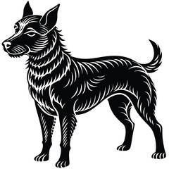 Black silhouette vector illustration of a black and white dog, a domestic animal pet