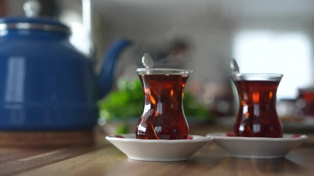 Turkish Tea (T&uuml;rk &Ccedil;ayı) in the Turkish Breakfast Video, &Uuml;sk&uuml;dar Istanbul, Turkiye (Turkey)