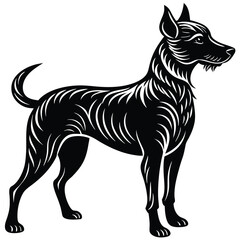Black silhouette vector illustration of a black and white dog, a domestic animal pet