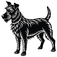 Black silhouette vector illustration of a black and white dog, a domestic animal pet