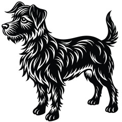 Black silhouette vector illustration of a black and white dog, a domestic animal pet