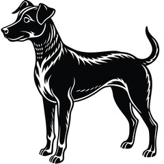Black silhouette vector illustration of a black and white dog, a domestic animal pet