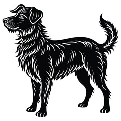 Black silhouette vector illustration of a black and white dog, a domestic animal pet
