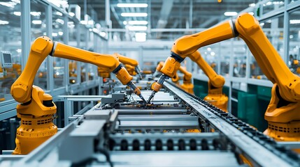 Automated assembly line in a modern factory, showcasing the efficiency robotic arms in production
