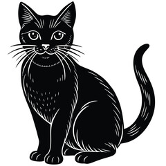 A cute black and white cat vector illustration depicts a feline pet silhouette