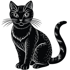 A cute black and white cat vector illustration depicts a feline pet silhouette