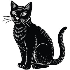 A cute black and white cat vector illustration depicts a feline pet silhouette
