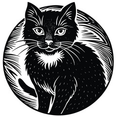 A cute black and white cat vector illustration depicts a feline pet silhouette