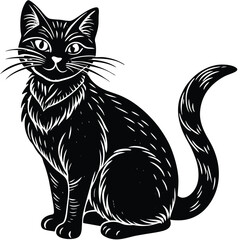 A cute black and white cat vector illustration depicts a feline pet silhouette