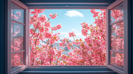 Open window with view of pink cherry blossoms in spring