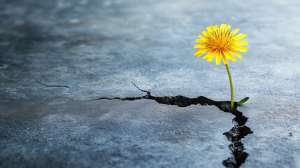 Single yellow flower growing from crack in asphalt