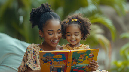 Happy black mother reading book with daughter in garden