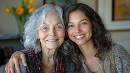 Elderly mother and her adult daughter smiling together indoors