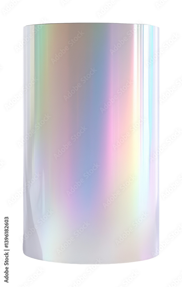 Poster holographic rainbow reflective cylinder surface with vertical gradient effect on transparent backgro