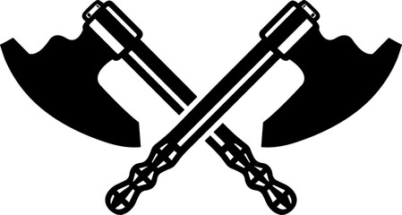 Crossed Battle Axes Icon , Black and White Viking Weapon Vector